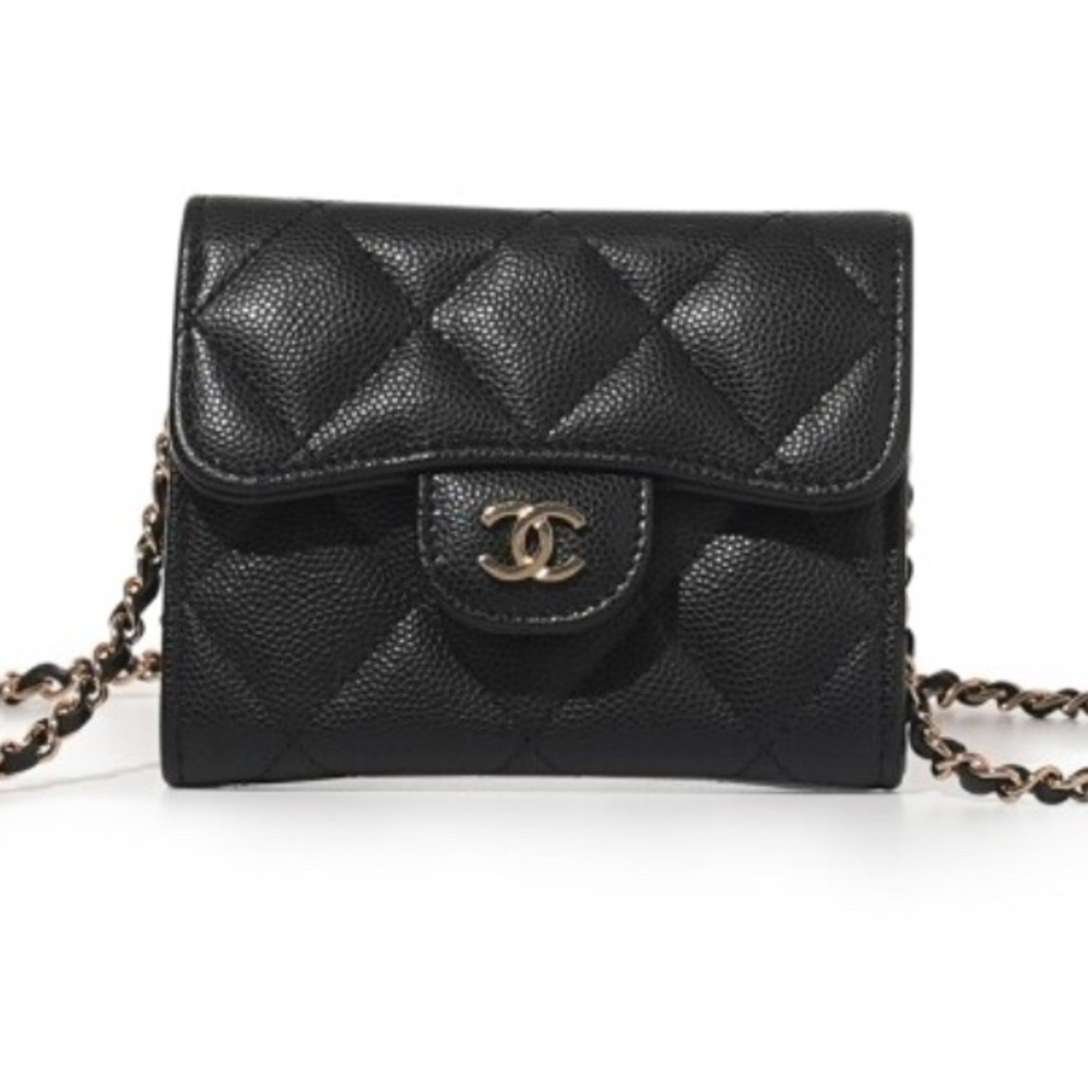 Black Quilted Caviar Classic Cardholder with Chain Gold Hardware, 2024